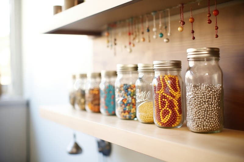 Variety of beads in clear jars on a garage cabinet shelf stock photos