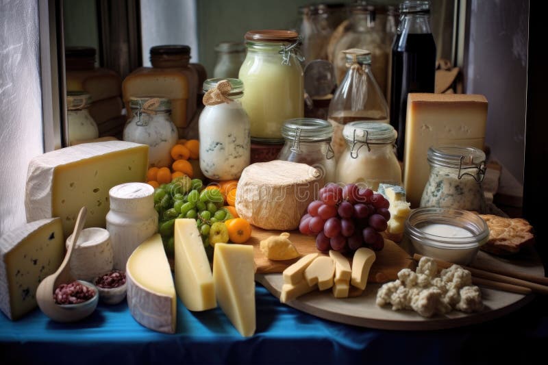 A Variety of Cheeses and Dairy Products in a Chilled Display Stock