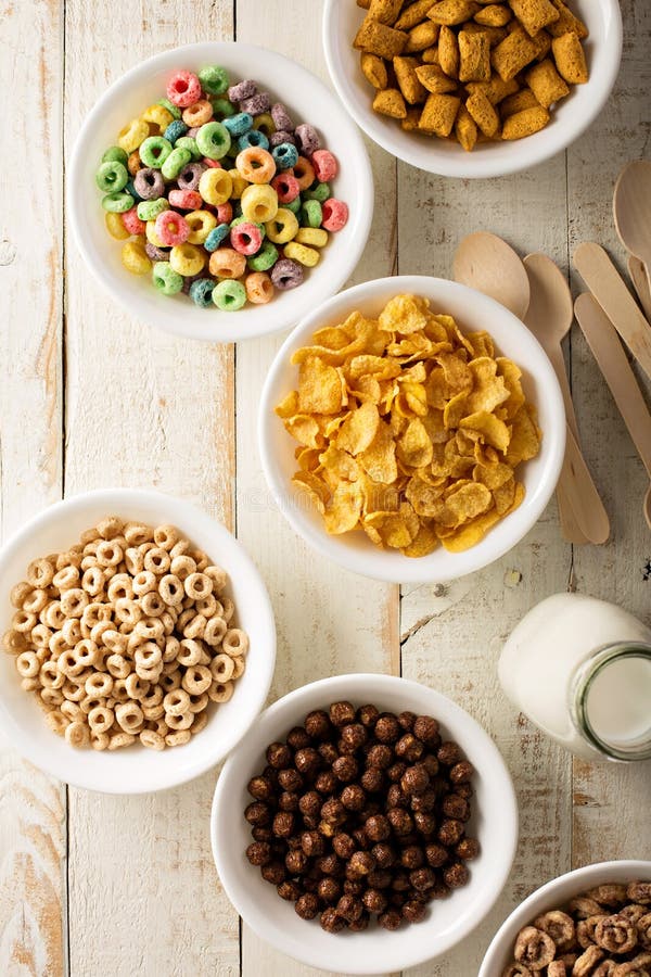 Variety of Cold Cereals in White Bowls Stock Photo - Image of cheerios ...