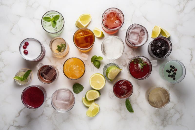 Variety of Cooling Drinks on White Granite Table Top View. Generative AI Stock Illustration