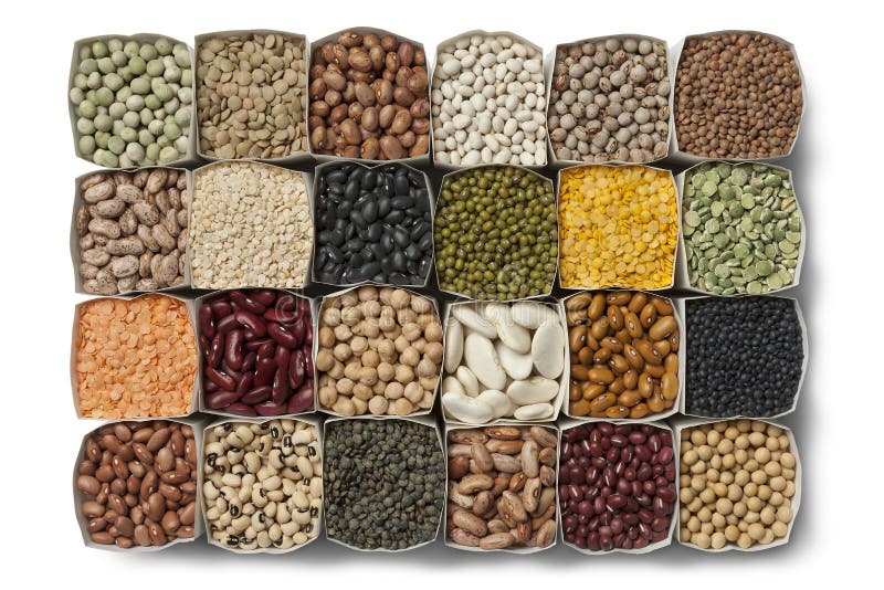 Variety of dried beans and lentils. In bags on white background stock image