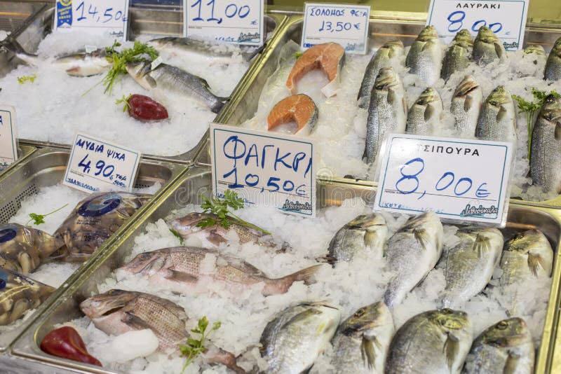 Variety of Fish and Seafood on Local Greece Market. Stock Photo Image