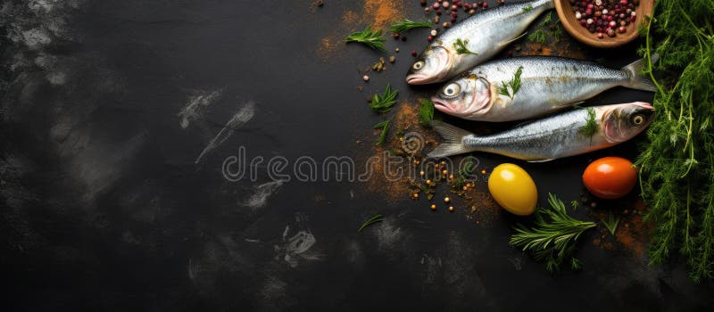 Various fish and vegetables displayed on the table stock photography