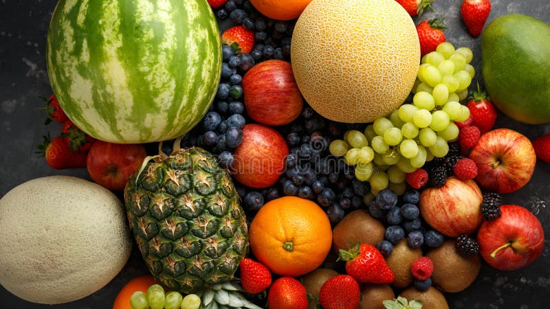 Variety of fresh fruits and berries on dark background: cantaloupe, melon, watermelon, blueberry, oranges, apple