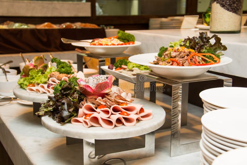 A Variety Of Fresh Salads On Buffet Line Stock Photo Image of garnish