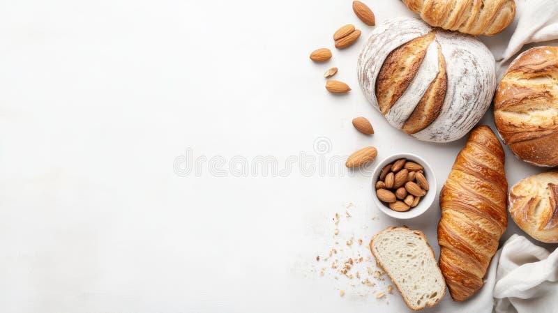 A variety of freshly baked bread and almonds arranged on a light background vector illustration