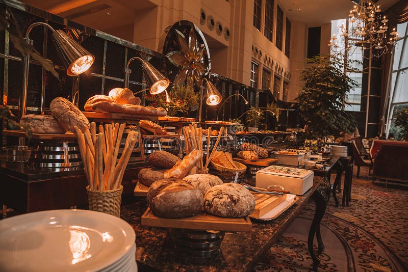 Variety of Freshly Baked Bread and Bakery Corner in a Luxury Hotel