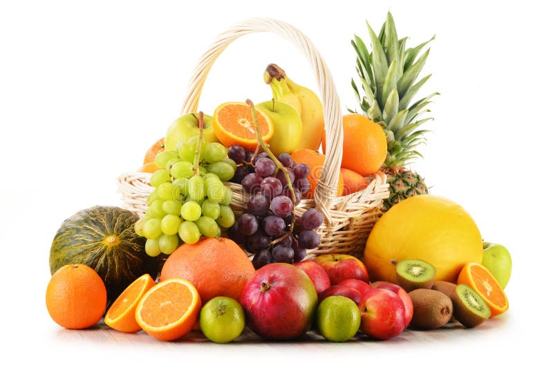 Variety of fruits in wicker basket on white