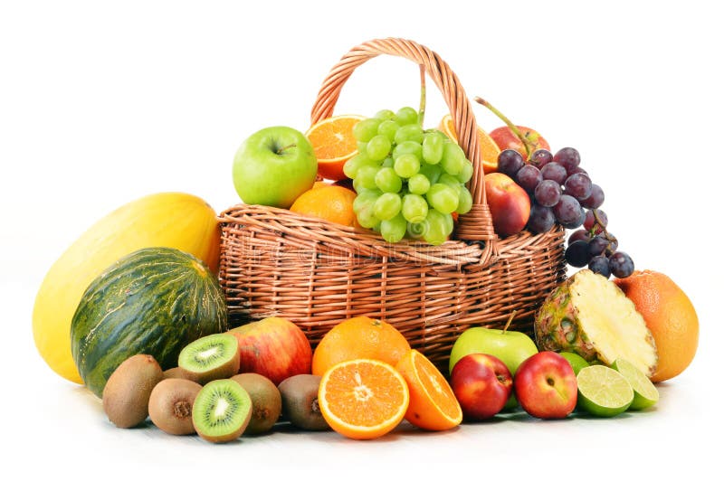 Variety of fruits in wicker basket on white