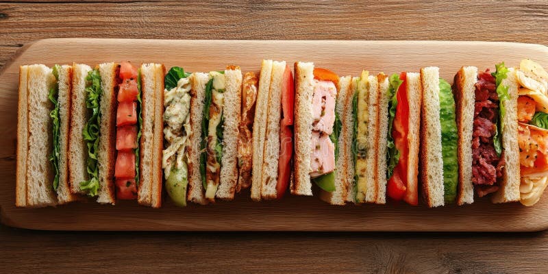 Assortment of Gourmet Sandwiches on Wooden Board vector illustration