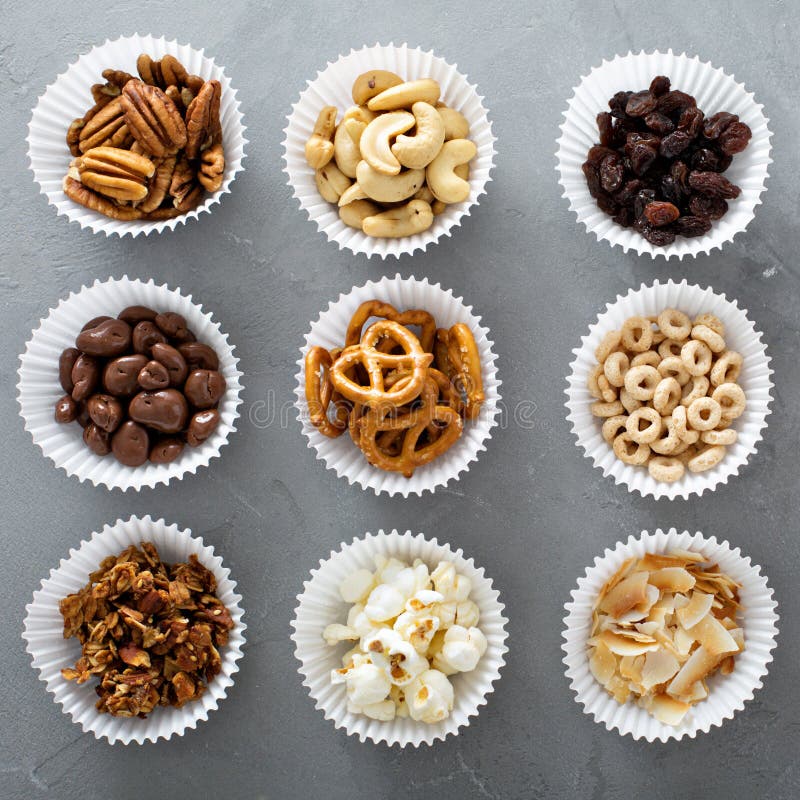 Variety of healthy snacks overhead shot