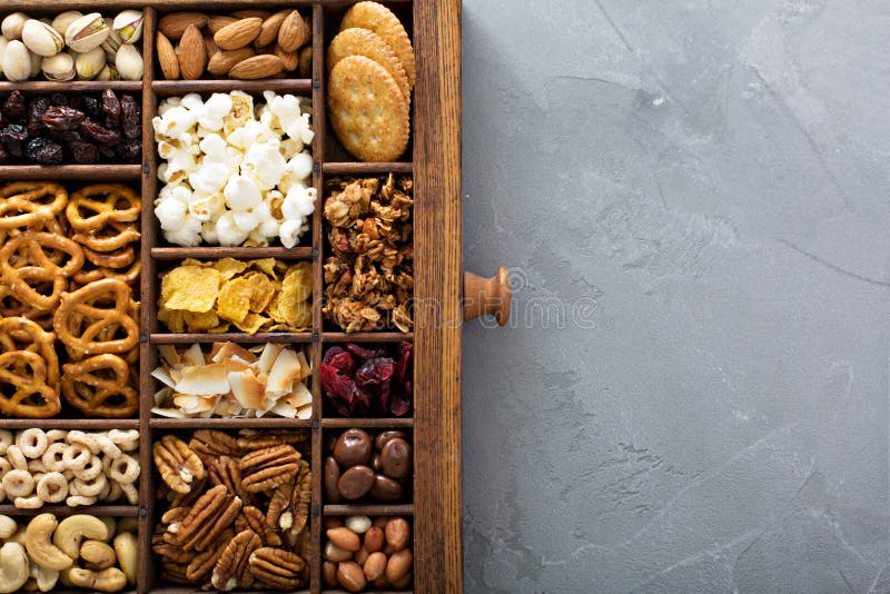 Variety of healthy snacks overhead shot