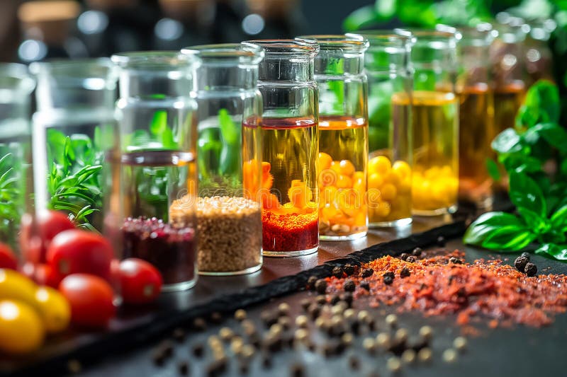 A variety of herbs and spices are showcased in clear jars alongside fresh tomatoes and green leaves. The arrangement stock photos