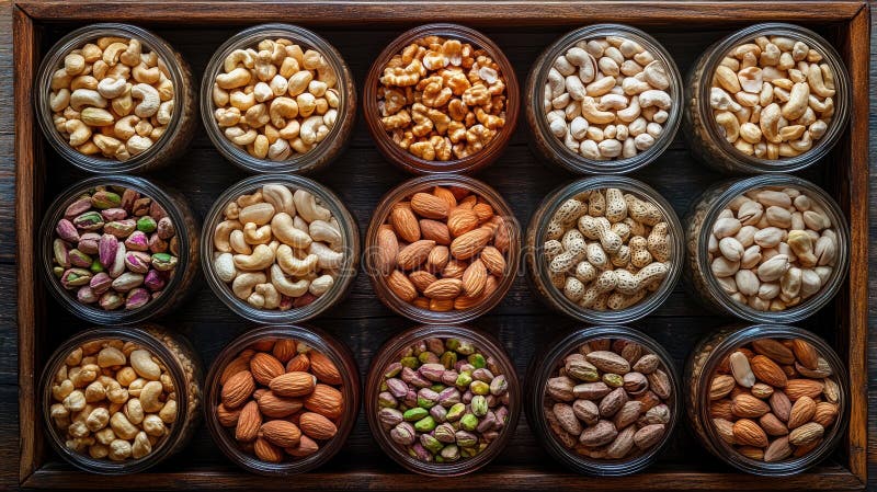 Variety of nuts and seeds displayed in clear jars on a wooden tray in a natural light setting stock photos
