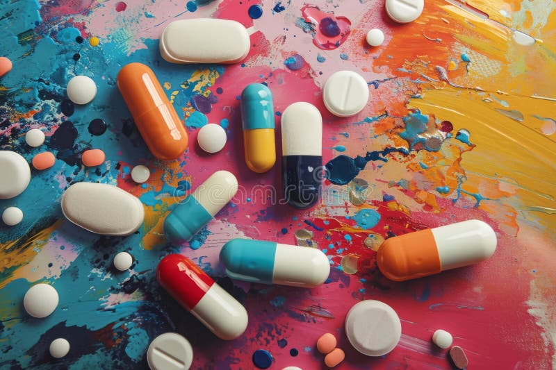 A variety of pills in different colors are neatly arranged on a tabletop, A visually metaphorical representation of the healing stock illustration