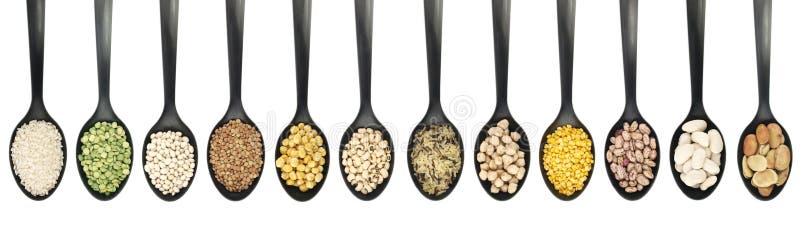 Variety of raw legumes and rices in spoons - white background stock photo Variety of raw legumes and rices in spoons - white background stock photo