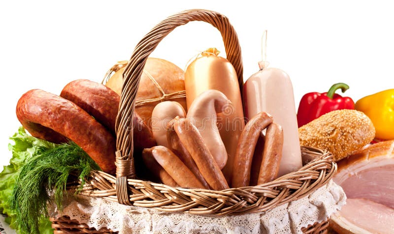Variety of sausage products in basket.