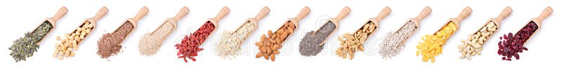 Variety of seeds and dried fruits for breakfast with scoop isolated on white background, top view.