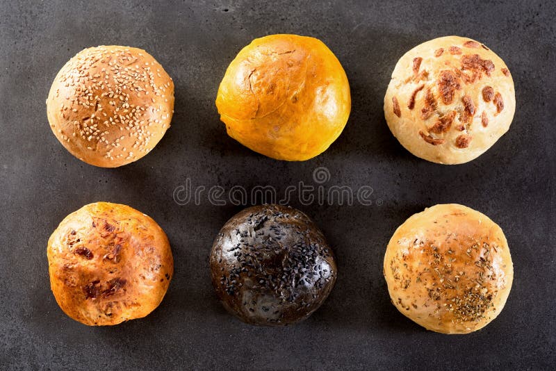 Variety of Six Bread Rolls Arranged in Two Rows Stock Photo Image of