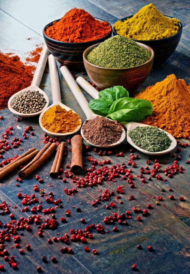 Variety of spices on kitchen table