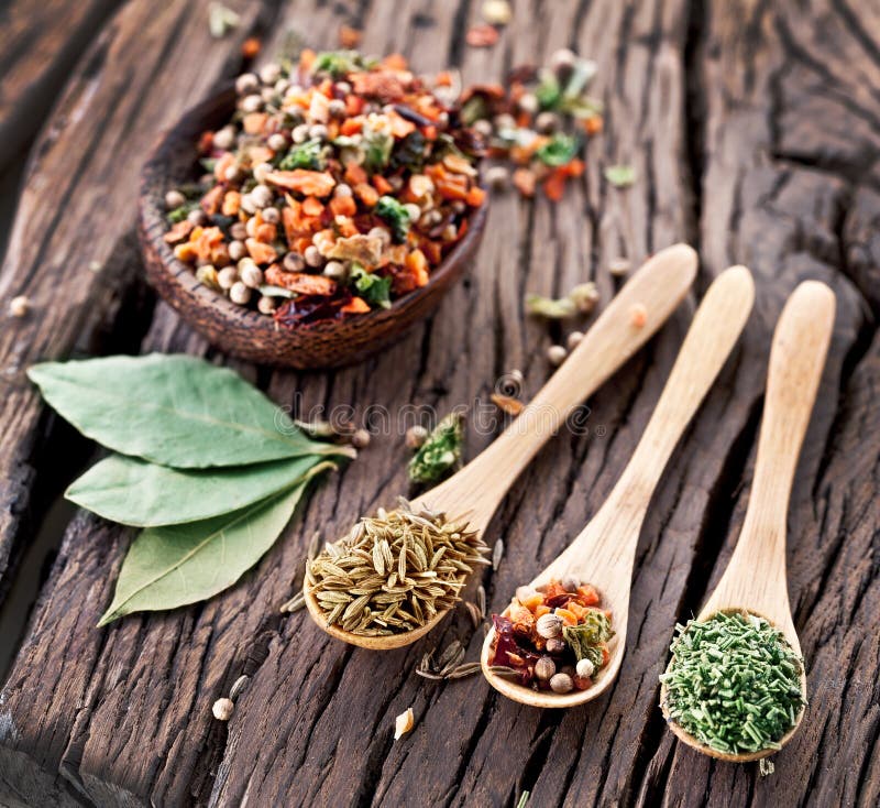 Variety of spices in the spoons.