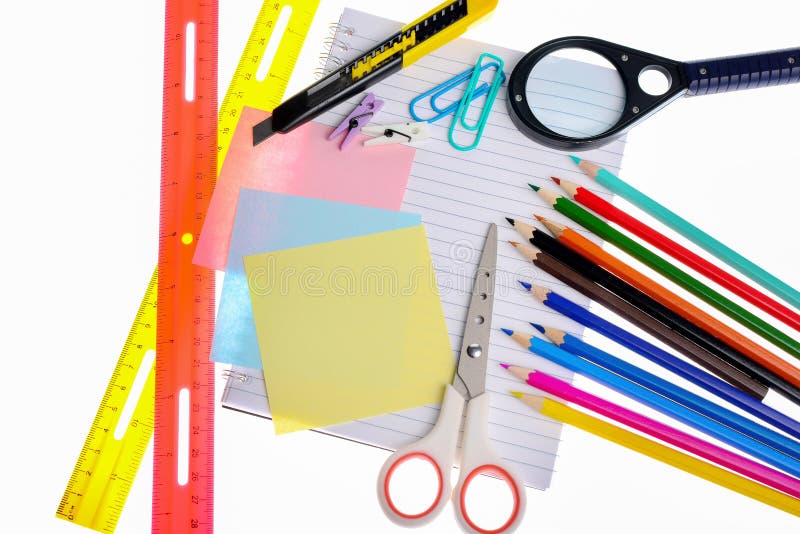 Variety Of Stationery Items Isolated Stock Image Image of crayons