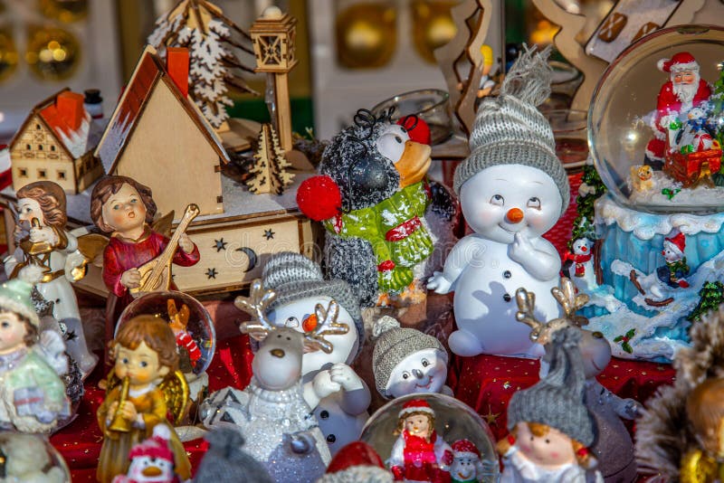 Variety of Tiny Christmas Figures on a German Christmas Market Stock