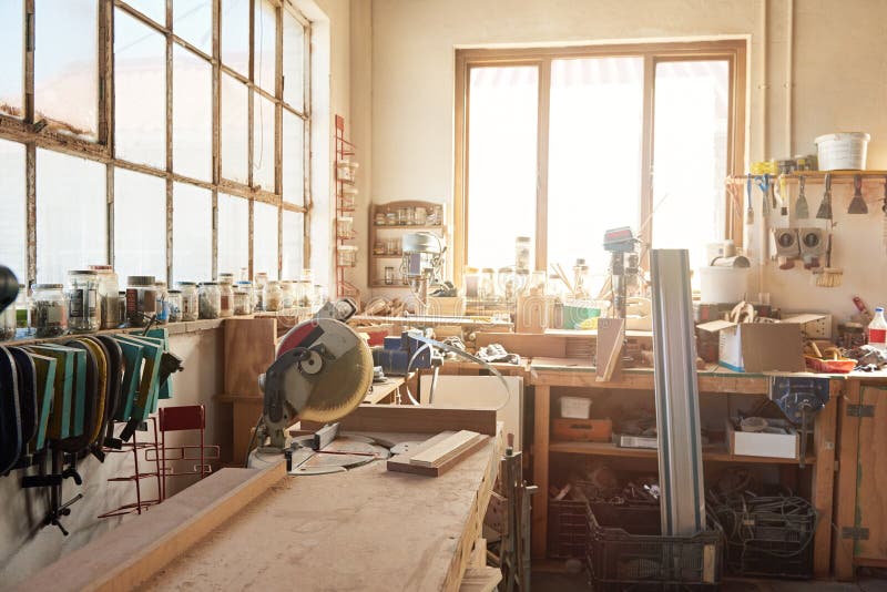 Variety of Tools on Workbenches in a Woodworking Shop Stock Image ...