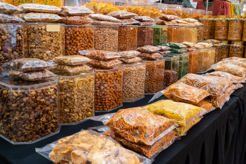 Variety Types of Indian Snacks Selling at the Booth Stock Photo Image