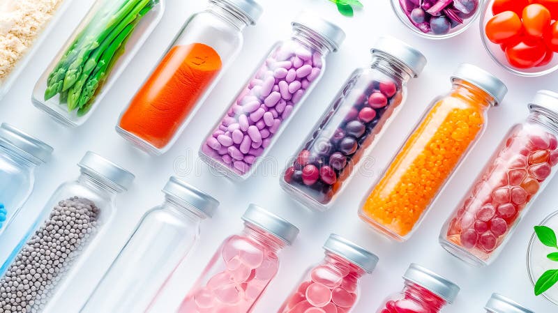 A variety of vibrant candies and fresh vegetables are neatly arranged in clear jars against a bright background royalty free stock image