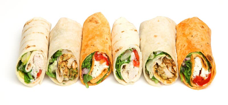 Variety of Wrap Sandwiches on White stock photos Variety of Wrap Sandwiches on White stock photos