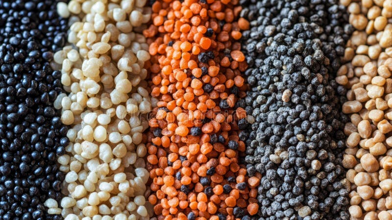 Varietà colorata di lenticchie e semi diversi disposti in ordinarie righe immagini stock