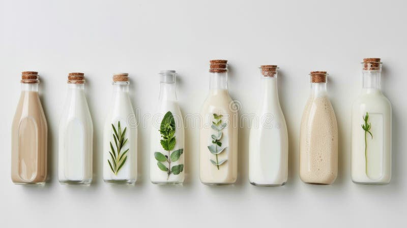 Varietà di latte assortite in bottiglie di vetro con erbe fresche. giornata mondiale del latte illustrazione vettoriale