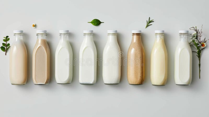 Varietà di latte assortite in bottiglie di vetro con erbe fresche. giornata mondiale del latte illustrazione di stock