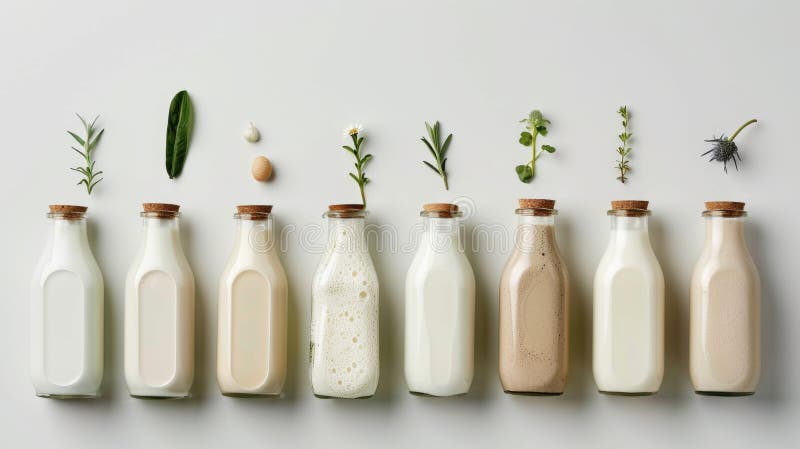 Varietà di latte assortite in bottiglie di vetro con erbe fresche illustrazione di stock