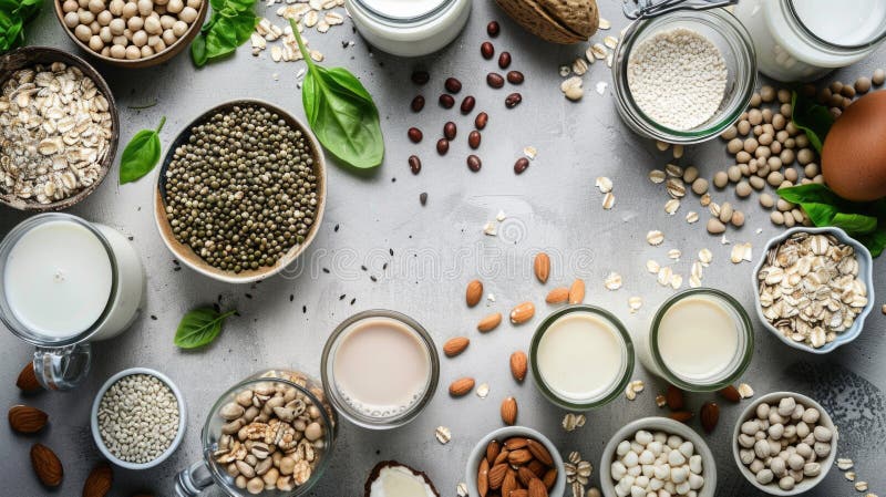Varietà di latte di mandorla e di avena con ingredienti freschi e fiori illustrazione di stock