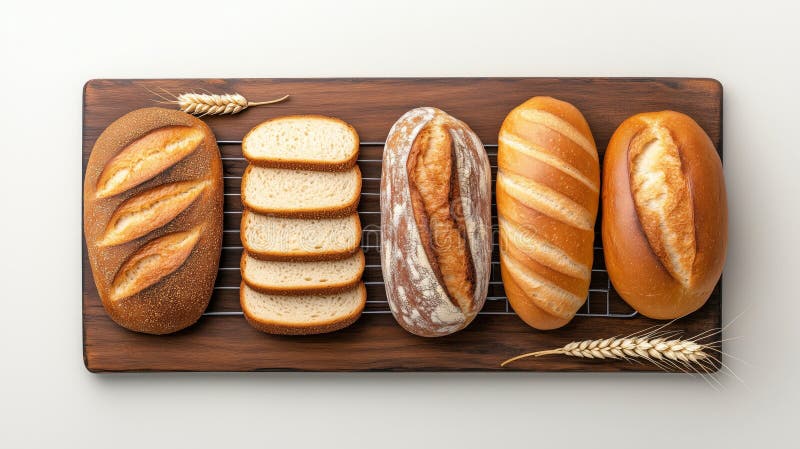 Varietà di pane al forno fresco assortite in un cassetto di servizio. Una raccolta di pane fresco assorbito da una pianta di pane fresco generato dall'AI