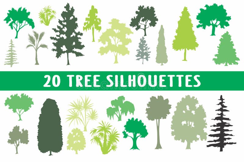 Vario insieme di progettazione di 20 siluette degli alberi illustrazione di stock Vario insieme di progettazione di 20 siluette degli alberi illustrazione di stock