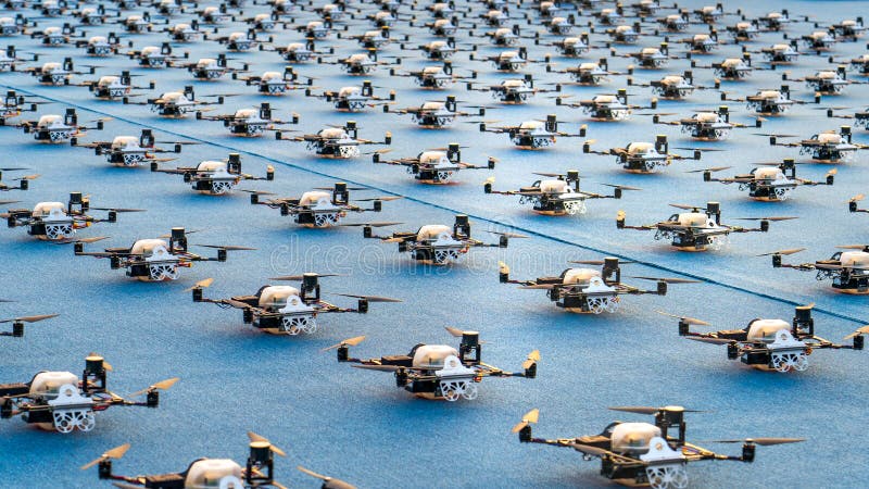 doha, qatar- december 12,2023 : multiple drones lined up for a drone show. doha, qatar- december 12,2023 : multiple drones lined up for a drone show