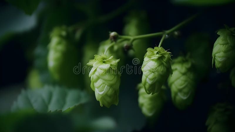 Varios lúpulos de lúpulo dispuestos en un patrón sobre un fondo oscuro con su forma puntiaguda y color verde. libre illustration