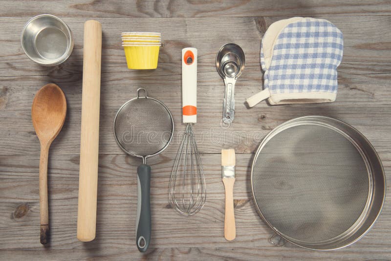 Various baking tools arrange from overhead view