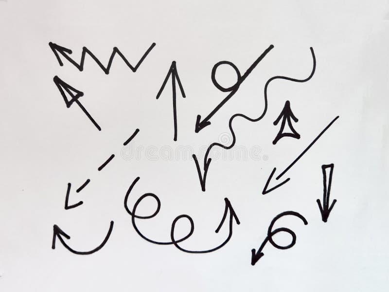 Various black lines and arrows create an abstract representation of movement and direction against a plain white stock photography