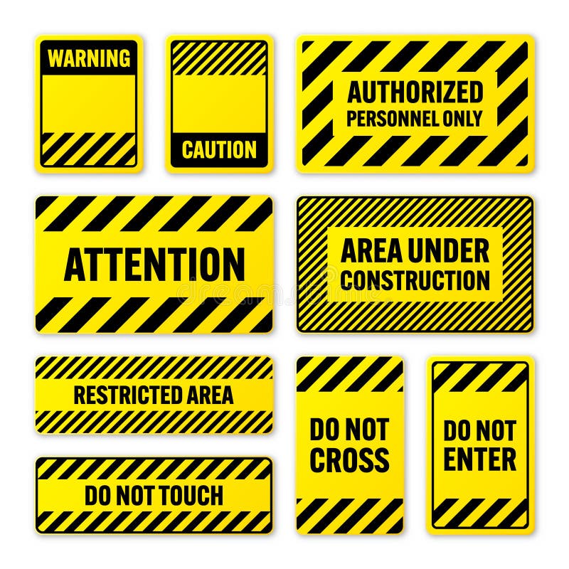 Various Black and Yellow Warning Signs with Diagonal Lines. Attention ...