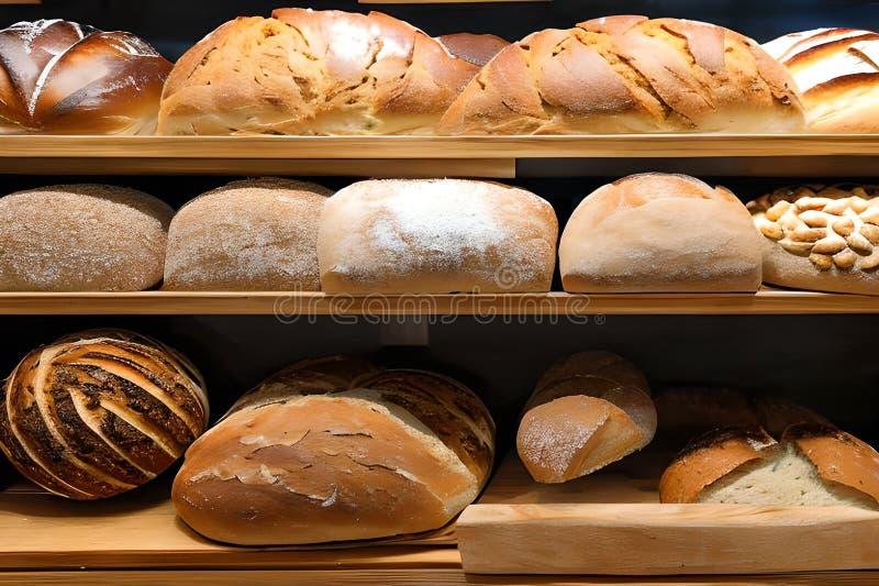 Various Bread Selling at the Display Bakery Shop Shelf Stock Photo