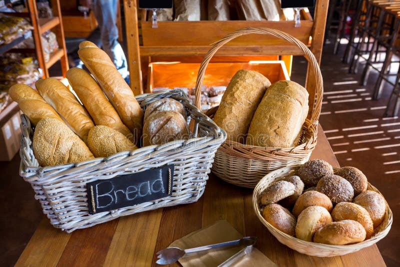 Various Breads on Display Counter Stock Photo Image of fresh, table 74520126