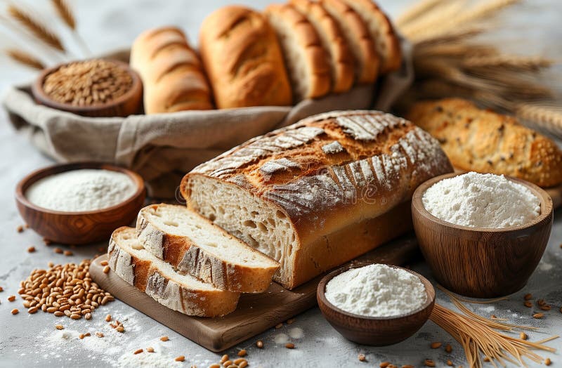 Various Breads and Flours Displayed on the Table for the Recipe Stock