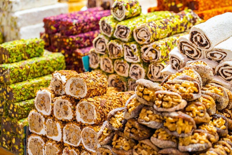 Various Turkish Delights Sweets Baklava Lokum and Dried Fruits on ...