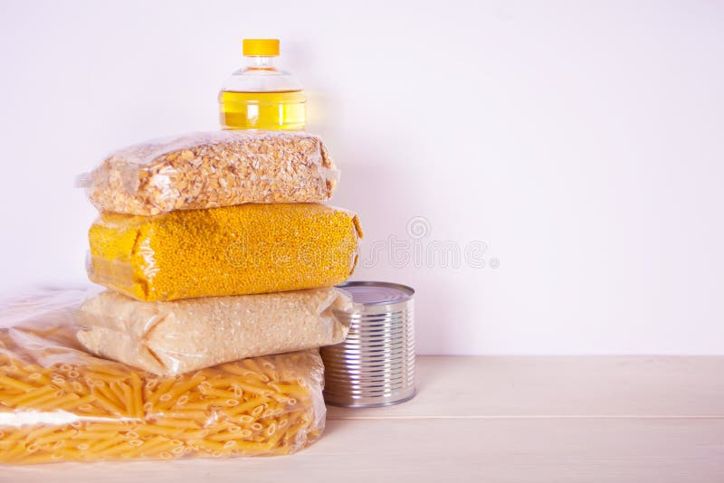 Various Canned Food and Cereals on the Table. Food Donations. Food