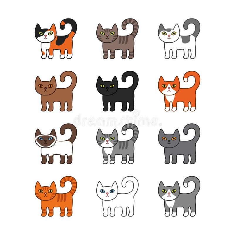 Set of cute cats icons, vector flat illustrations. Cat breeds