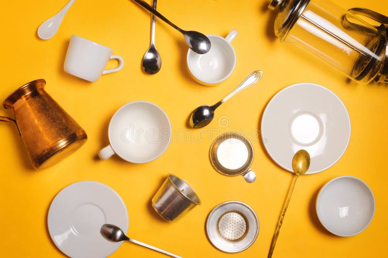 Various coffee making accessories, equipment and utensils: cezve, french press, vietnamese Phin filter etc. royalty free stock images Various coffee making accessories, equipment and utensils: cezve, french press, vietnamese Phin filter etc. royalty free stock images